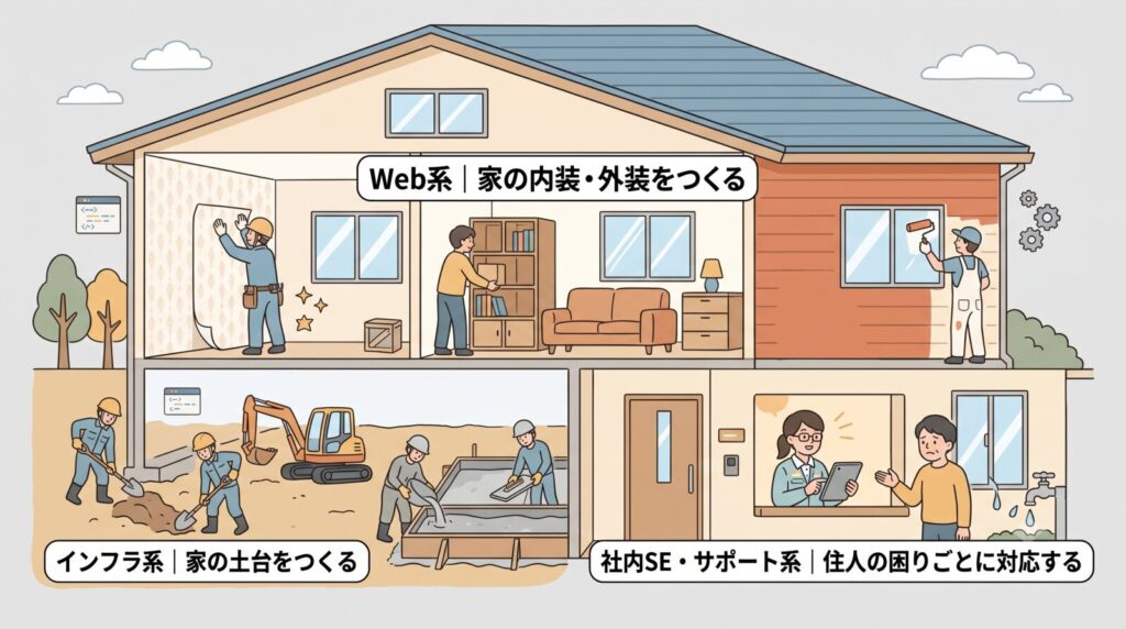 WEB系、インフラ系、SE/サポート系を家の建築で例える